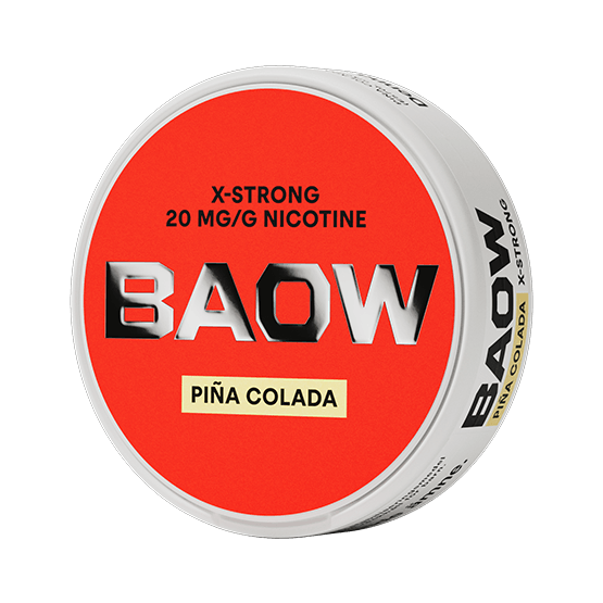 Close-up of BAOW Piña Colada all white nicotine pouch can. Slim format, piña colada taste, vibrant and modern packaging.