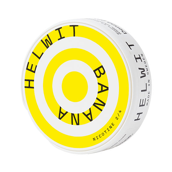Helwit Banana Slim nicotine pouch can. Yellow and white design, all white slim pouch with sweet banana flavor. Fruity and fresh.