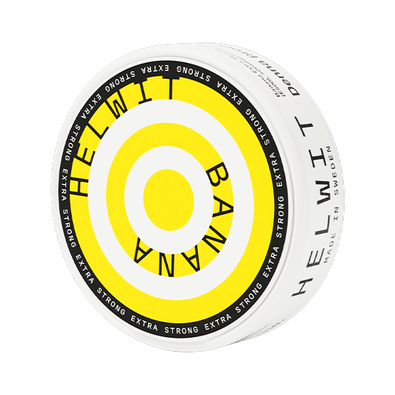 Helwit Banana Extra Strong nicotine pouch can. Yellow and white design, all white slim pouch with bold banana flavor. Extra strong strength.