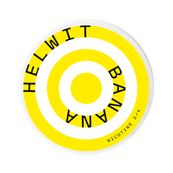 Helwit Banana Slim nicotine pouch can. Yellow and white design, all white slim pouch with sweet banana flavor. Fruity and fresh.