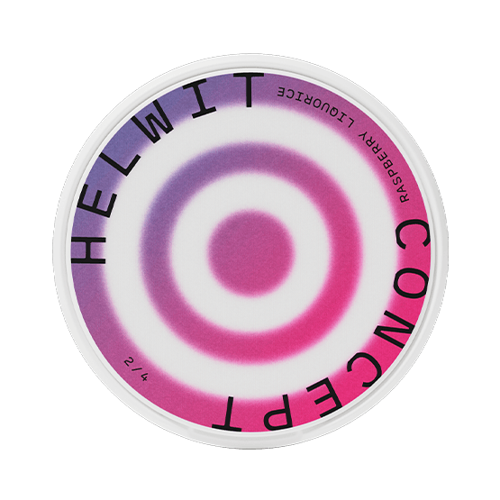 Close-up of Helwit Raspberry Liquorice Slim all white nicotine pouch can. Slim format, raspberry licorice taste, modern packaging.