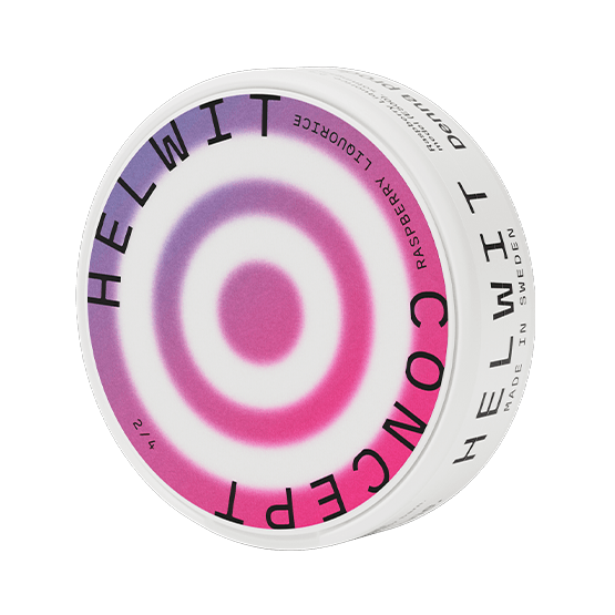 Close-up of Helwit Raspberry Liquorice Slim all white nicotine pouch can. Slim format, raspberry licorice taste, modern packaging.