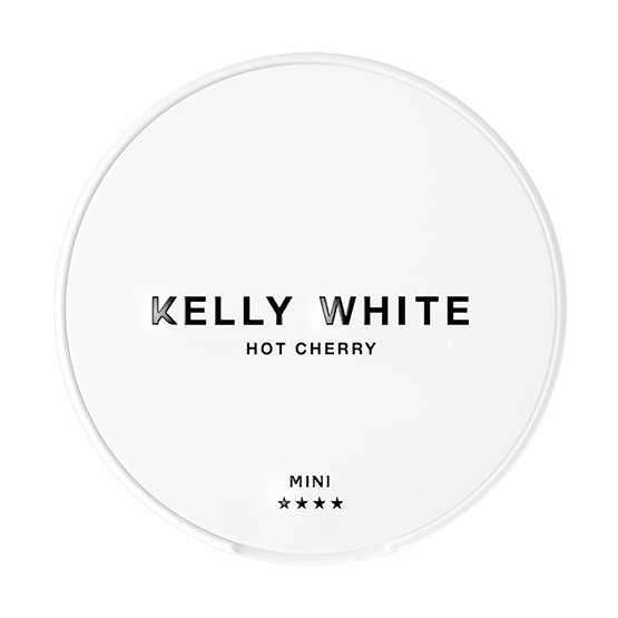 KELLY WHITE Hot Cherry Mini nicotine pouch can. Red and white design, all white mini pouch with spicy cherry flavor. Bold and discreet.