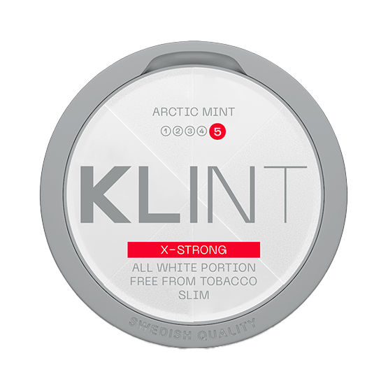 KLINT Arctic Mint Slim nicotine pouch can. Blue and white design, all white slim pouch with icy arctic mint flavor. Extra fresh and cooling.