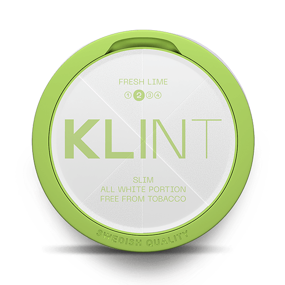 KLINT Fresh Lime Slim nicotine pouch can. Green and white design, all white slim pouch with fresh lime flavor. Crisp and refreshing.