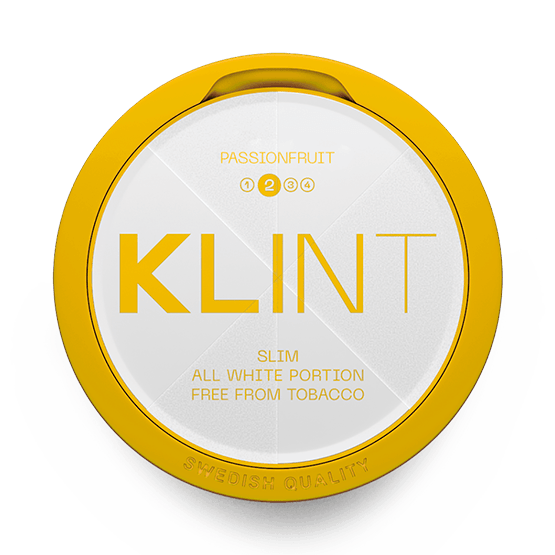 KLINT Passionfruit Slim nicotine pouch can. Yellow and white design, all white slim pouch with tropical passionfruit flavor. Fruity and fresh.