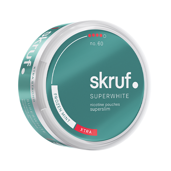 Skruf Superwhite No.60 Frozen Mint nicotine pouch can. White and blue design, all white slim pouch with icy frozen mint flavor. Cool and strong.