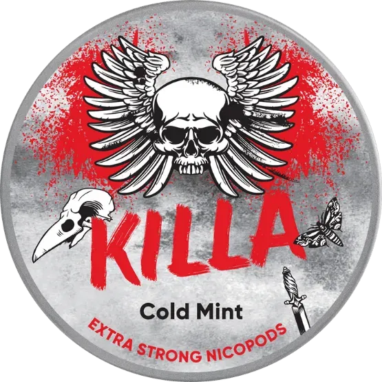 KILLA Cold Mint nicotine pouch can. Blue and white design, all white slim pouch with extra cold mint flavor. Strong and refreshing.