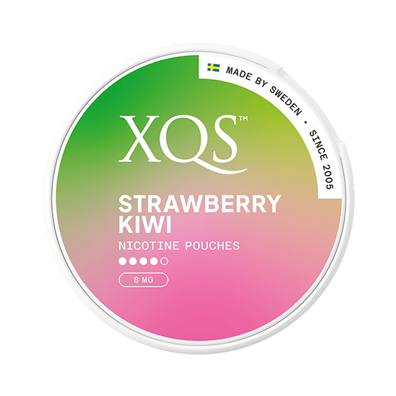 XQS Strawberry/Kiwi Slim nicotine pouch can. Colorful design, all white slim pouch with sweet strawberry and kiwi flavor. Fruity and fresh.