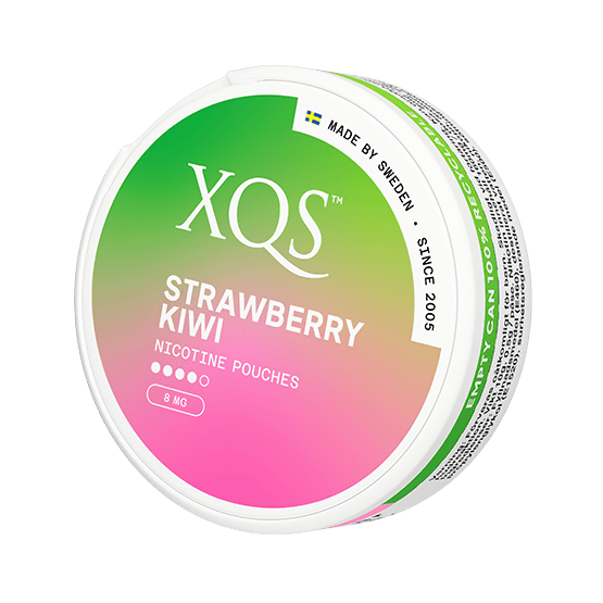 XQS Strawberry/Kiwi Slim nicotine pouch can. Colorful design, all white slim pouch with sweet strawberry and kiwi flavor. Fruity and fresh.