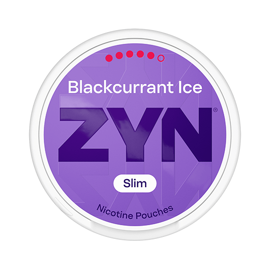 ZYN Blackcurrant Ice Slim S5 nicotine pouch can. Purple and white design, all white slim pouch with icy blackcurrant flavor. Strong nicotine strength.