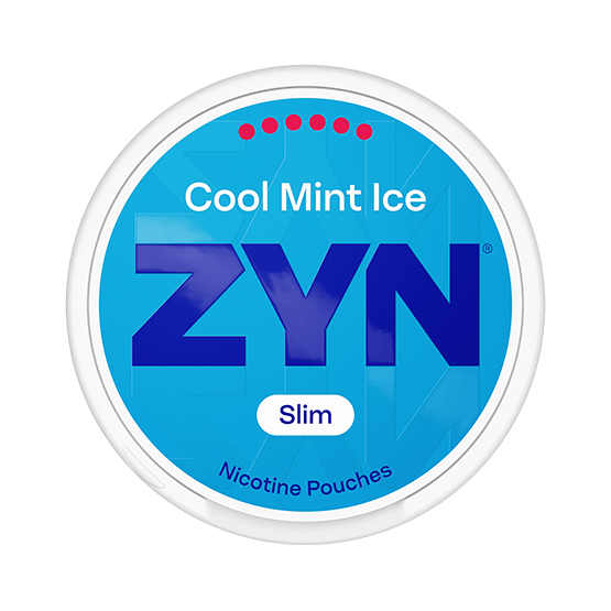 ZYN Cool Mint ICE Slim S6 nicotine pouch can. Blue and white design, all white slim pouch with extra icy cool mint flavor. Strong nicotine strength.