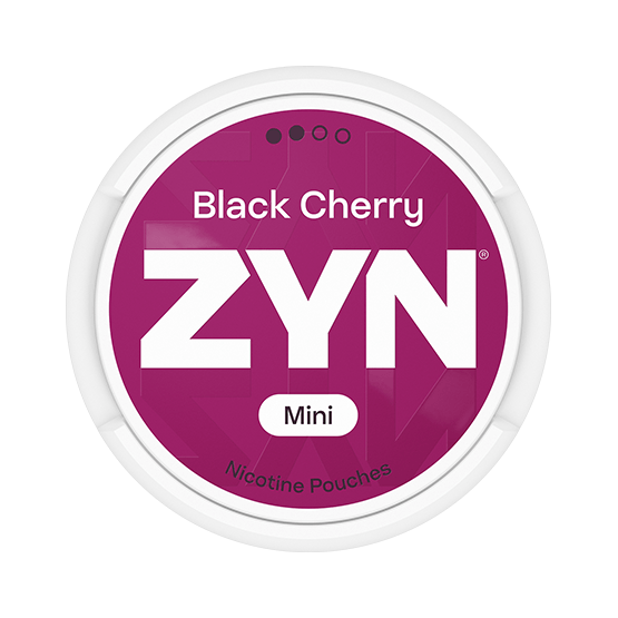 ZYN Black Cherry Mini S2 nicotine pouch can. Black and white design, all white mini pouch with sweet black cherry flavor. Discreet and fruity.