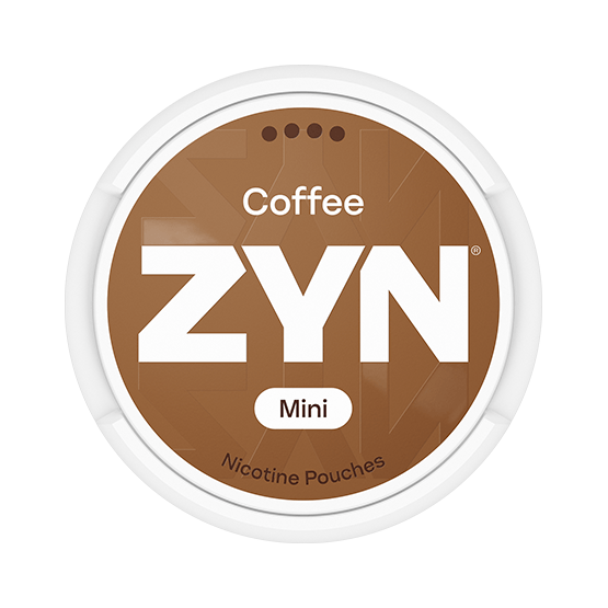 ZYN Coffee Mini S4 nicotine pouch can. Brown and white design, all white mini pouch with strong coffee flavor. Discreet and energizing.