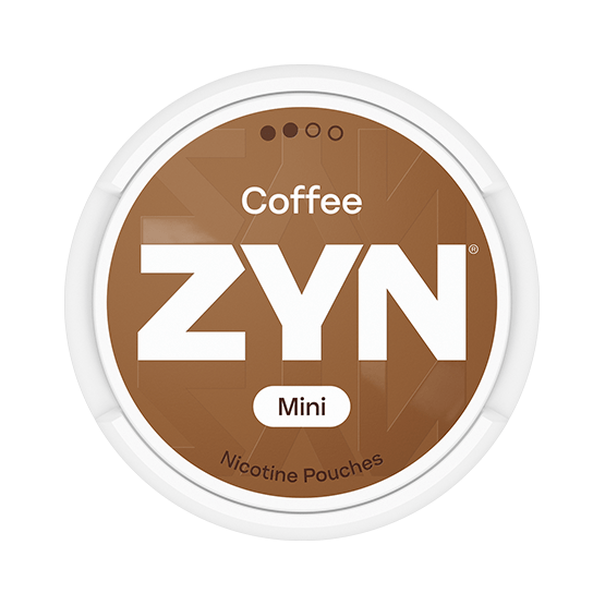 ZYN Coffee Mini S2 nicotine pouch can. Brown and white design, all white mini pouch with mild coffee flavor. Discreet and smooth.