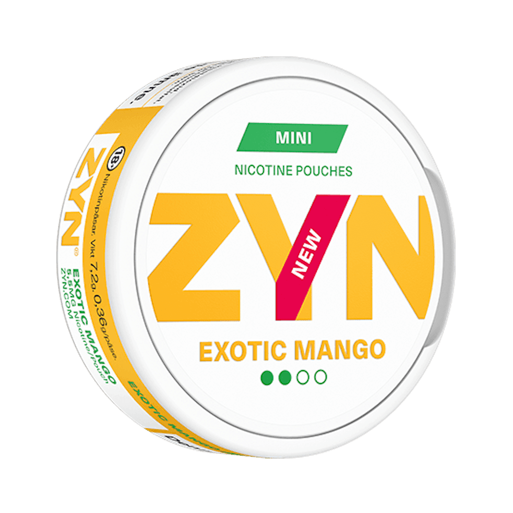 Close-up of ZYN Mini Exotic Mango all white nicotine pouch can. Mini format, sweet exotic mango taste, perfect for discreet use.