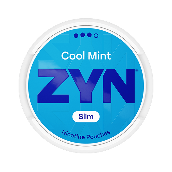 ZYN Cool Mint Slim S3 nicotine pouch can. Sleek design, cool mint flavor, all white and slim pouch. Medium strength for fresh sensation.