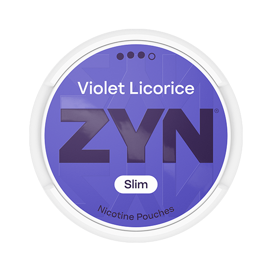Close-up of ZYN Violet Licorice Slim S3 all white nicotine pouch can. Slim format, unique violet licorice taste, medium strength.