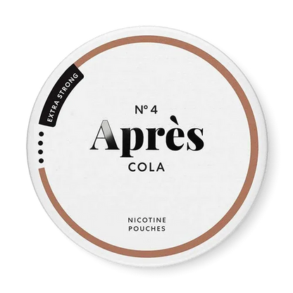 Après Cola Extra Strong nicotine pouch can. Brown and white design, all white slim pouch with classic cola flavor. Extra strong and bold.