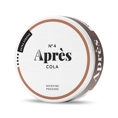 Après Cola Extra Strong nicotine pouch can. Brown and white design, all white slim pouch with classic cola flavor. Extra strong and bold.