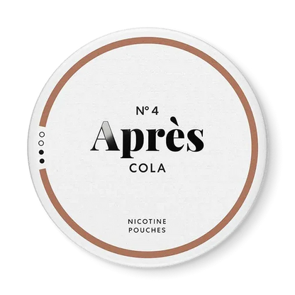 Après Cola nicotine pouch can. Brown and white design, all white slim pouch with classic cola flavor. Refreshing and bold.