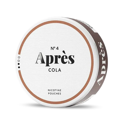 Après Cola nicotine pouch can. Brown and white design, all white slim pouch with classic cola flavor. Refreshing and bold.