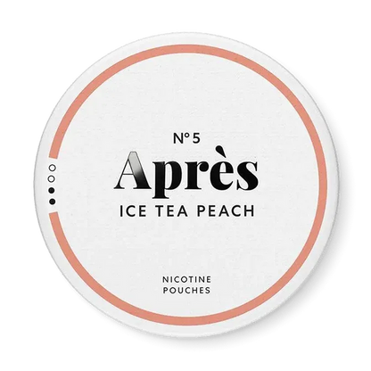 Après Ice Tea Peach nicotine pouch can. Peach and white design, all white slim pouch with sweet iced tea and peach flavor. Refreshing and fruity.