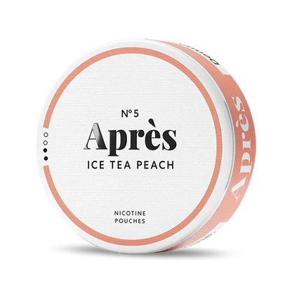 Après Ice Tea Peach nicotine pouch can. Peach and white design, all white slim pouch with sweet iced tea and peach flavor. Refreshing and fruity.