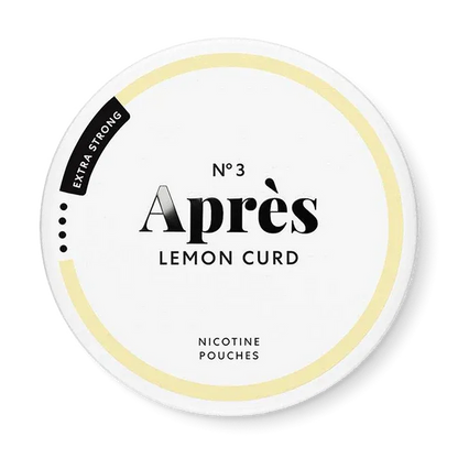 Après Lemon Curd Extra Strong nicotine pouch can. Yellow and white design, all white slim pouch with tangy lemon curd flavor. Extra strong and zesty.