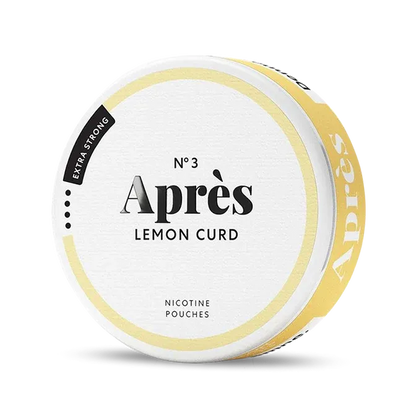 Après Lemon Curd Extra Strong nicotine pouch can. Yellow and white design, all white slim pouch with tangy lemon curd flavor. Extra strong and zesty.