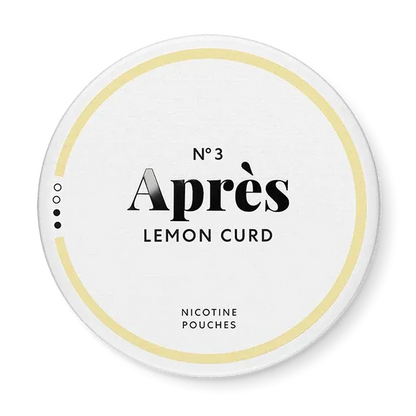 Après Lemon Curd nicotine pouch can. Yellow and white design, all white slim pouch with creamy lemon curd flavor. Zesty and smooth.