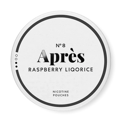 Après Raspberry Liqorice nicotine pouch can. Purple and white design, all white slim pouch with raspberry and liquorice flavor. Fruity and unique.
