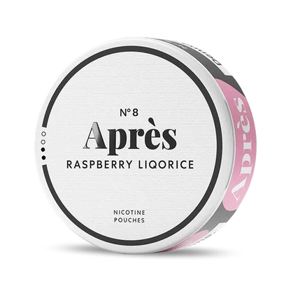 Après Raspberry Liqorice nicotine pouch can. Purple and white design, all white slim pouch with raspberry and liquorice flavor. Fruity and unique.