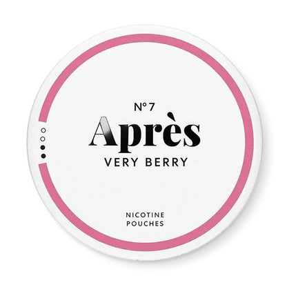 Après Very Berry No.7 nicotine pouch can. Purple and white design, all white slim pouch with mixed berry flavor. Fruity and vibrant.