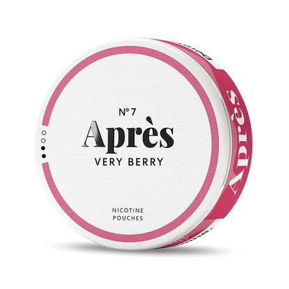 Après Very Berry No.7 nicotine pouch can. Purple and white design, all white slim pouch with mixed berry flavor. Fruity and vibrant.