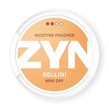 ZYN Bellini Mini Dry nicotine pouch can. Peach and white design, all white mini pouch with dry Bellini cocktail flavor. Discreet and fruity.