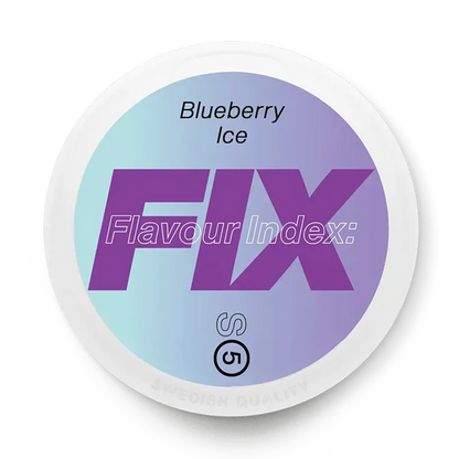 Fix Blueberry Ice nicotine pouch can. Blue and white design, all white slim pouch with blueberry and ice flavor. Fruity and refreshing.