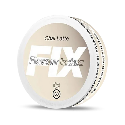 Fix Chai Latte nicotine pouch can. Brown and white design, all white slim pouch with chai latte flavor. Spicy and smooth.
