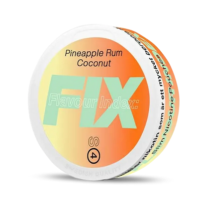 Fix Pineapple Rum Coconut nicotine pouch can. Yellow and white design, all white slim pouch with pineapple, rum, and coconut flavor. Tropical and unique.