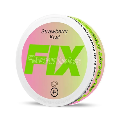 Fix Strawberry Kiwi nicotine pouch can. Red and green design, all white slim pouch with strawberry and kiwi flavor. Fruity and fresh.