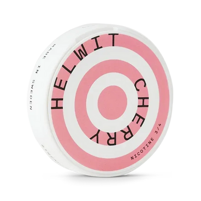 Helwit Cherry Slim nicotine pouch can. Red and white design, all white slim pouch with sweet cherry flavor. Fruity and fresh.
