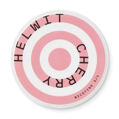 Helwit Cherry Slim nicotine pouch can. Red and white design, all white slim pouch with sweet cherry flavor. Fruity and fresh.