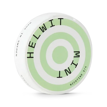 Helwit Mint Slim nicotine pouch can. Green and white design, all white slim pouch with fresh mint flavor. Cooling and crisp.