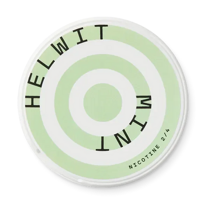 Helwit Mint Slim nicotine pouch can. Green and white design, all white slim pouch with fresh mint flavor. Cooling and crisp.