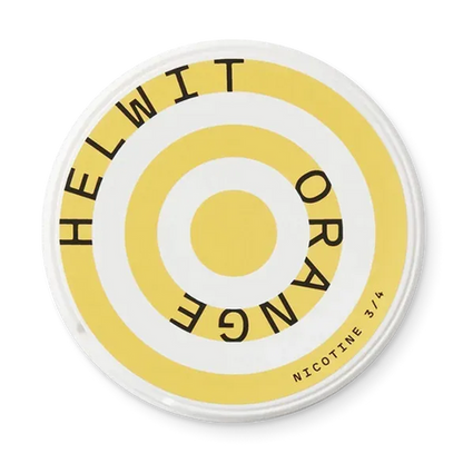 Helwit Orange Slim nicotine pouch can. Orange and white design, all white slim pouch with juicy orange flavor. Fruity and fresh.