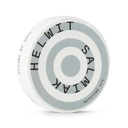 Helwit Salmiak nicotine pouch can. Black and white design, all white slim pouch with classic salmiak (salty licorice) flavor. Bold and unique.