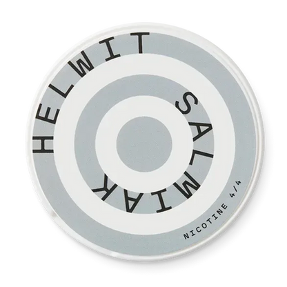 Helwit Salmiak nicotine pouch can. Black and white design, all white slim pouch with classic salmiak (salty licorice) flavor. Bold and unique. 