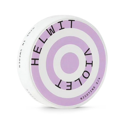Helwit Violet Slim nicotine pouch can. Purple and white design, all white slim pouch with floral violet flavor. Unique and fresh.