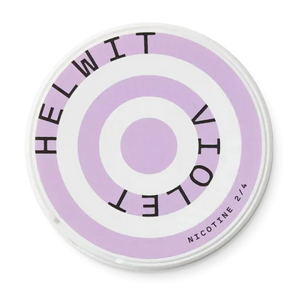 Helwit Violet Slim nicotine pouch can. Purple and white design, all white slim pouch with floral violet flavor. Unique and fresh.