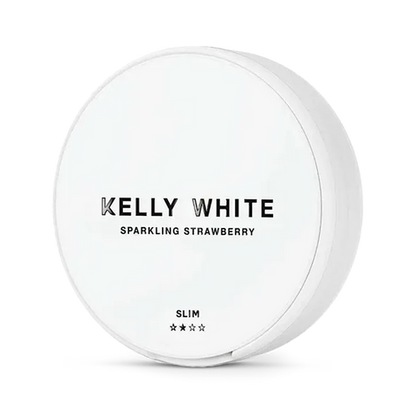 KELLY WHITE Sparkling Strawberry nicotine pouch can. Pink and white design, all white slim pouch with sparkling strawberry flavor. Fruity and lively.